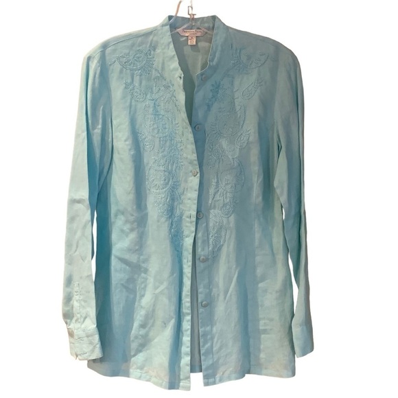 100%Linen Embroidered Button Front Shirt - Picture 1 of 9